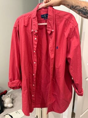 Ralph Lauren Coral-Red Classic Fit Button Shirt with Navy Label